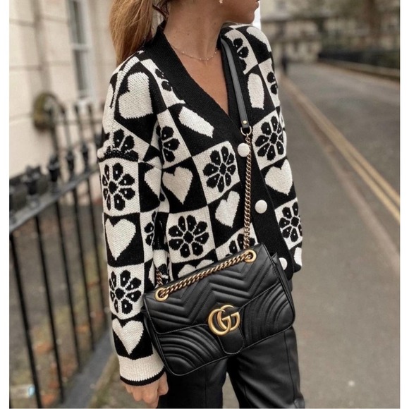 ZARA Sweaters - ZARA Jacquard Knit Cardigan V-Neck Checkered Heart Floral Chunky Sweater Black